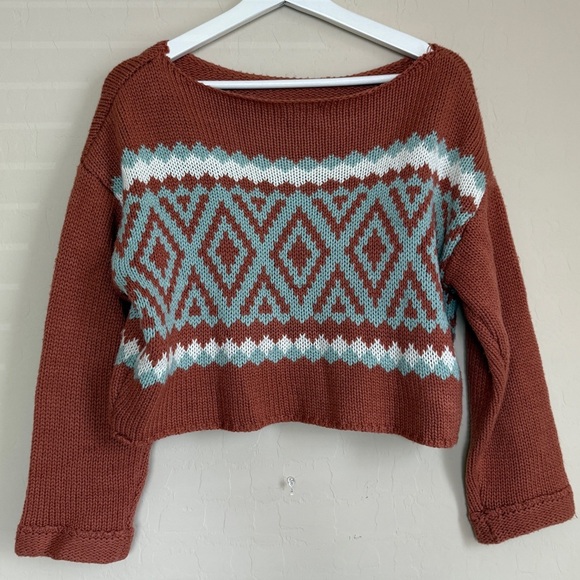 Altar’d State Crop Sweater Long Sleeve Southwestern Aztec Brown Boxy Slouchy XS - Picture 4 of 6
